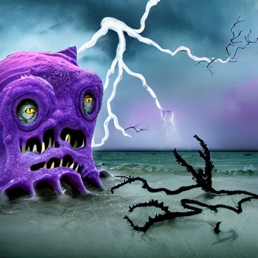 Image similar to nightmare monster emerging from sea surface, but monster is dendritic, thunderstorm in background, color