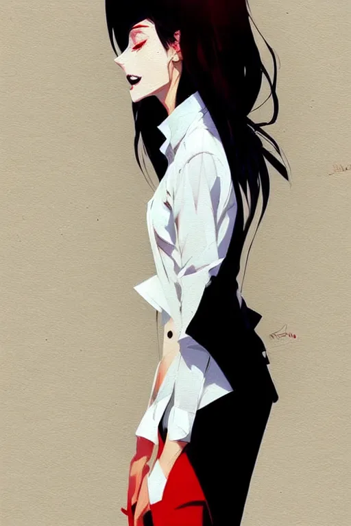 Image similar to a ultradetailed beautiful panting of a stylish woman, she is wearing a white shirt with a tie and black pants, by conrad roset, greg rutkowski and makoto shinkai trending on artstation