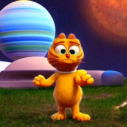 Prompt: garfield is he were saturn, space, stars, hair physics, blender render, pixar, disney, unreal engine 5, nvidia hair,