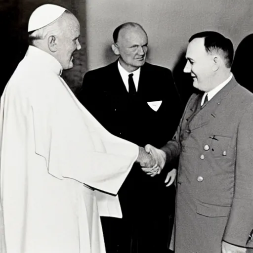 Prompt: Adolph Hitler meeting John Paul II, famous photo