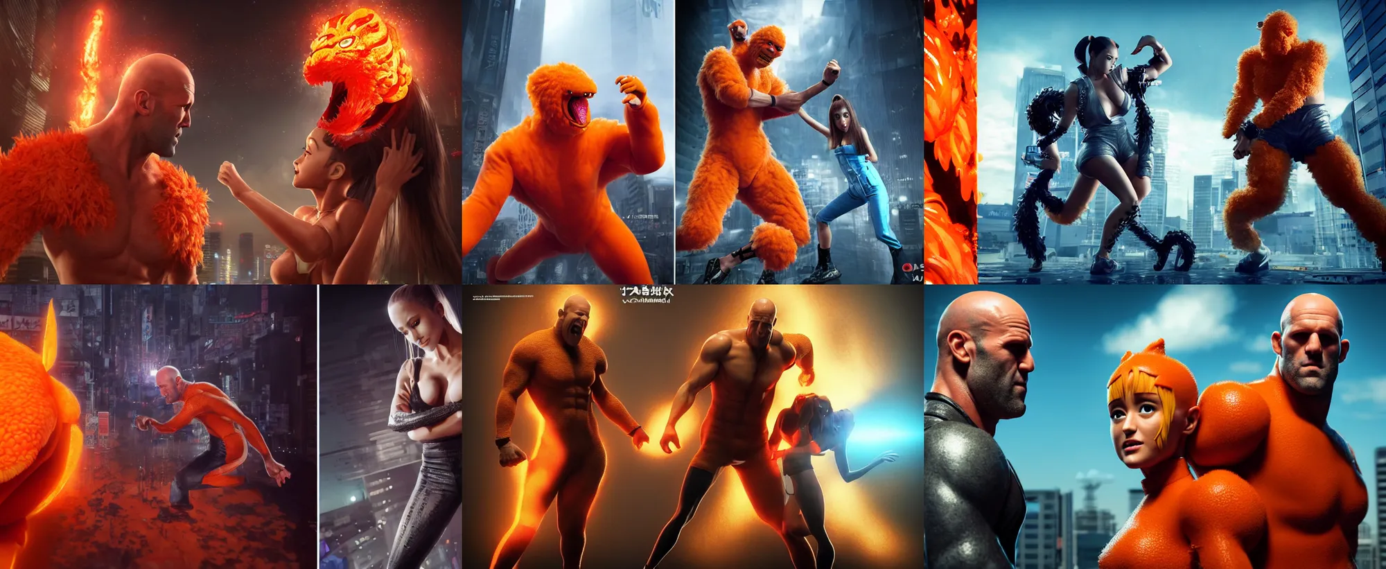 Prompt: ultrarealistic jason statham vs giant ariana grande wearing orange monster chicken suit in tokyo by yusuke murata, octane render, character concept art, movie action still frame, cinematic lighting, volumetric lighting, extreme intricate details, artstation, dnd art, cgsociety, sharp focus, ultra wide angle, digital painting by artgerm, gerald brom, wlop