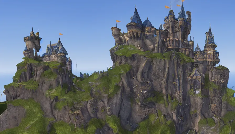 Prompt: Extremely detailed castle with spires and buttresses against a cliff wall, PlayStation 7 screenshot