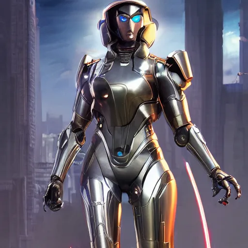 Image similar to a woman hero in a themed futuristic metal suit, super hero, armor, sleek, beautiful face, cinematic pose, sci - fi, egypt themed art, photorealistic, 8 k, pharah, ultron, concept art, extremely detailed