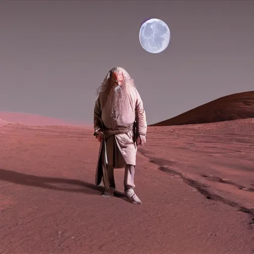 Image similar to a realistic image of gandalf in mars under a full moon