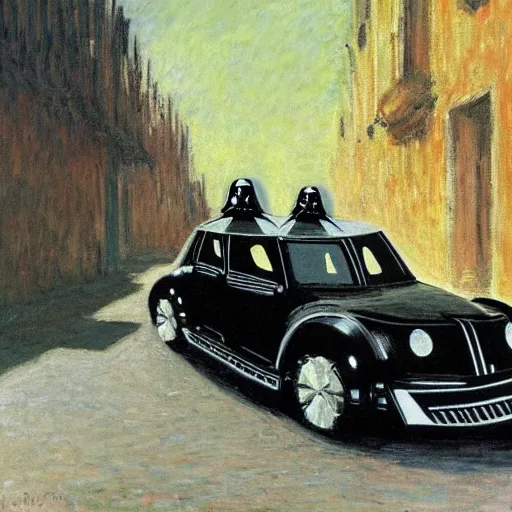 Prompt: Darth Vader driving a car in an alley, Painting by Claude Monet, Highly Detailed