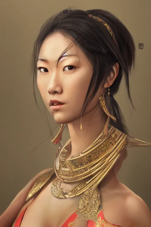 Prompt: a portrait of an lonely asian goddess, detailed, realistic eyes, horizontal partial symmetry features proportions, intricate facial details, cybertech wear, award winning, trending in cgsociety artstation deviant art