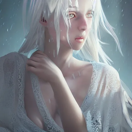 Prompt: Portrait of a white haired anime girl wearing a wet white lace nightgown, intricate, highly detailed, smooth, close-up, artstation, digital illustration by Ruan Jia