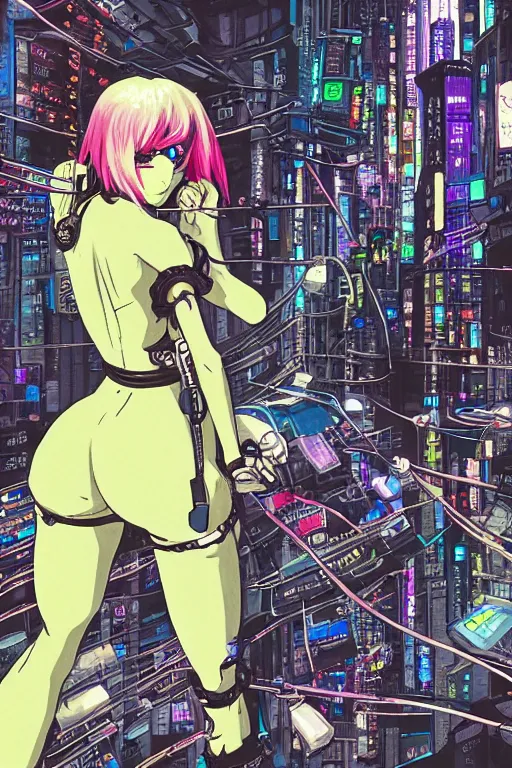 Prompt: beautiful cyberpunk anime style illustration of Shrek Shrek Shrek (!!!!) seen in a tech labor with her back open showing a complex mess of cables and wires, by masamune shirow and katsushiro otomo, studio ghibli color scheme