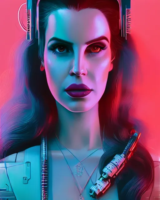 Image similar to portrait of lana del rey as a cyberpunk cyborg. roses, sci - fi, missing panels, intricate abstract upper body intricate artwork, by tooth wu, wlop, beeple, dan mumford. concept art, octane render, deviantart, greg rutkowski, cinematic arthouse, key art, hyper realism, iridescent accents