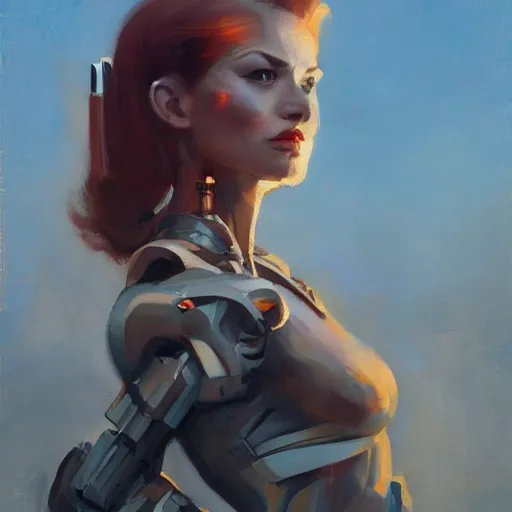 Prompt: Greg Manchess portrait painting of a woman cyborg, medium shot, asymmetrical, profile picture, Organic Painting, sunny day, Matte Painting, bold shapes, hard edges, street art, trending on artstation, by Huang Guangjian and Gil Elvgren and Sachin Teng