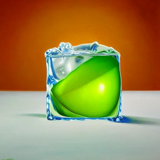 Prompt: award winning ultra - realistic!!! painting of an ice cube starting to melt next to a lime wedge, black background!!!