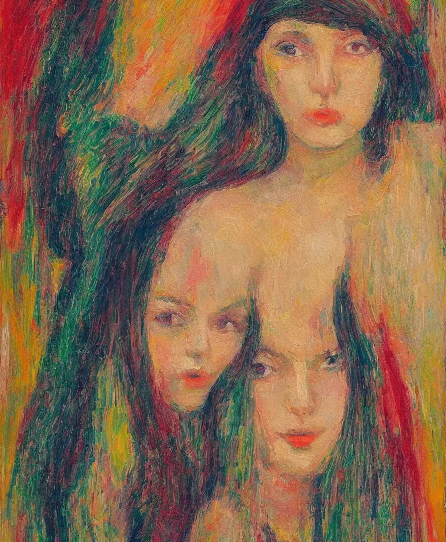 Image similar to symmetrical portrait of a beautiful girl, expressive abstractionism, impressionism, many small saturated hard relief strokes of oil on canvas with high detail