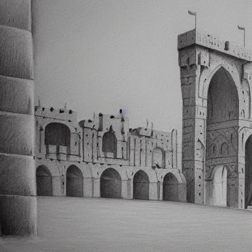 Image similar to Erbil citadel, detailed charcoal sketch, realistic, incredibly detailed
