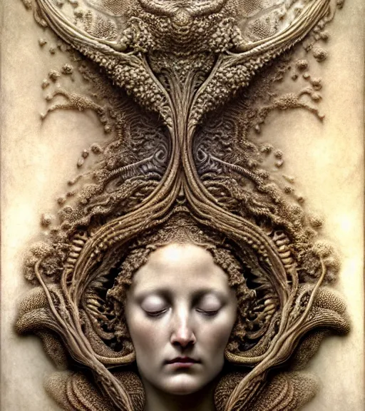 Image similar to detailed realistic beautiful patina goddess face portrait by jean delville, gustave dore, iris van herpen and marco mazzoni, art forms of nature by ernst haeckel, art nouveau, symbolist, visionary, gothic, neo - gothic, pre - raphaelite, fractal lace, intricate alien botanicals, biodiversity, surreality, hyperdetailed ultrasharp octane render