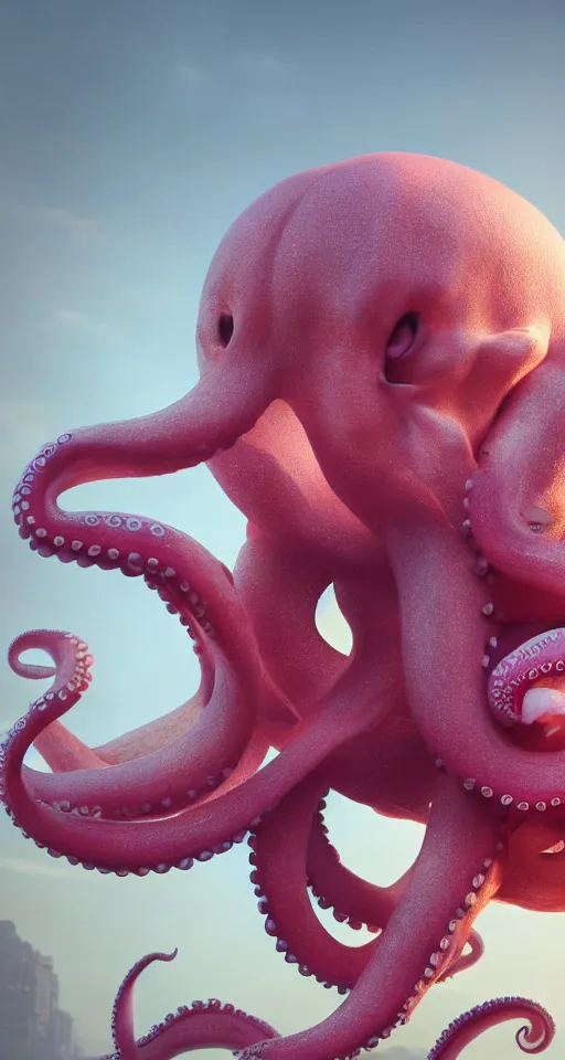 Image similar to A octopus centered-photograph of a pink elephant, film still, dynamic action pose, National Geographic, insane detail, intricate, highly detailed, Zeiss Lens, DSLR photography, smooth, sharp focus, Unreal Engine 5, Octane Render, Redshift, 8K