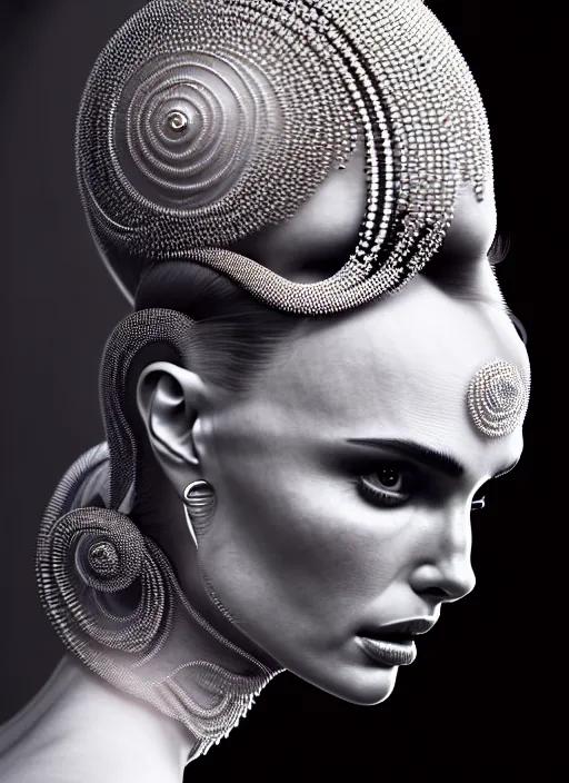 Image similar to portrait of an absurdly beautiful, graceful, sophisticated, fashionable futuristic woman, facial piercings, natalie portman, heavy body modification, hyperdetailed illustration by irakli nadar and alexandre ferra, intricate linework, white porcelain skin, faberge, intricate chrome headdress, dark atmosphere, unreal engine 5 highly rendered, global illumination, radiant light, detailed and intricate environment