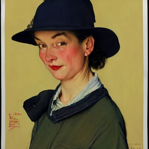 Image similar to frontal portrait of a woman wearing a kasa hat, by norman rockwell