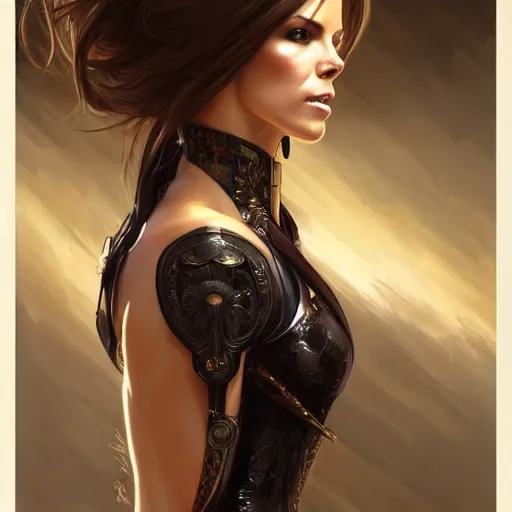 Prompt: a portrait of kate beckinsale as katana girl, upper half portrait, urban motifs, intricate, elegant, highly detailed, digital painting, trending on artstation, concept art, smooth sharp focus, illustration, art by artgerm and greg rutkowski alphonse mucha 8 k