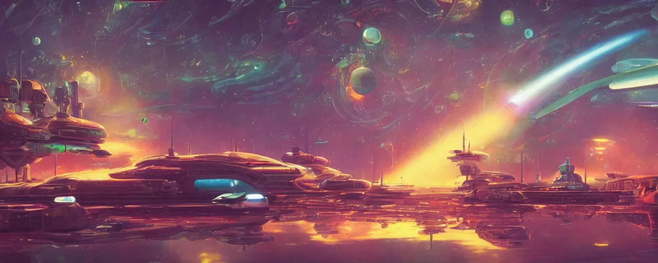 Image similar to ” intergalactic spaceport with clear plastic vehicle tubes, [ art by paul lehr, cinematic, detailed, epic, widescreen, opening, establishing, mattepainting, photorealistic, realistic textures, octane render ] ”