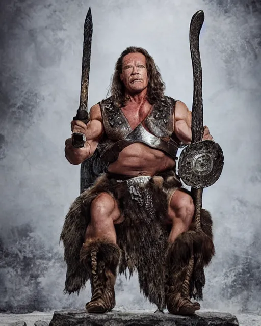 Prompt: arnold schwarzenegger as king conan, directed by john millius, photorealistic, sitting on a metal throne, wearing ancient cimmerian armor, a battle axe to his side, he has a beard and graying hair, cinematic photoshoot in the style of annie leibovitz, studio lighting