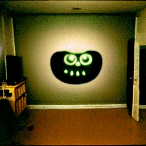 Image similar to a strange high flash photo of an empty suburban home, there's a creepy face on the television, 2 0 0 6, taken with a disposable camera