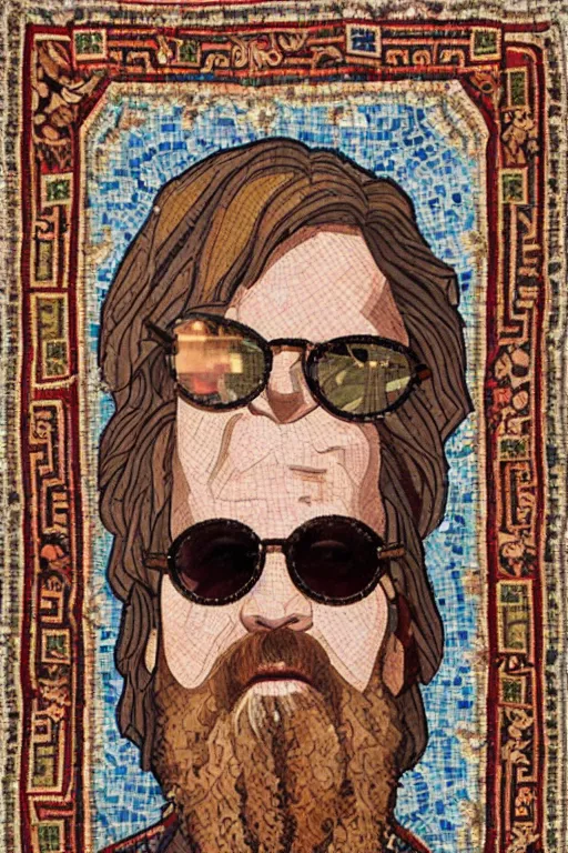 Prompt: an intricately detailed and beautifully colored roman mosaic portrait of the dude from the big lebowski with sunglasses on, 8k, in the style of an ornate Persian carpet