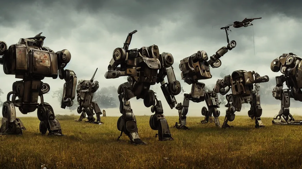 Image similar to 1920's battle in the countryside between bipedal mechs, octane render, 8k