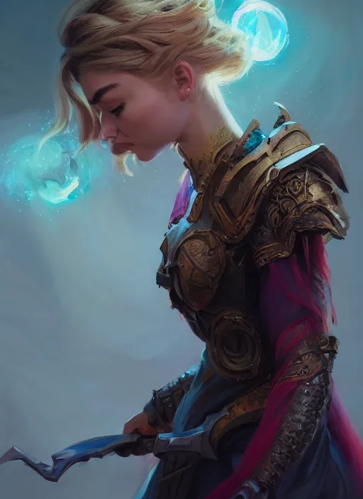 Image similar to side portrait, imogen poots, paladin, fantasy, gloomhaven, luminescent, organic painting, gaudy colors, octane render, unreal engine, by greg manchess, huang guangjian, gil elvgren, sachin teng, greg rutkowski, jesper ejsing, ilya kuvshinov