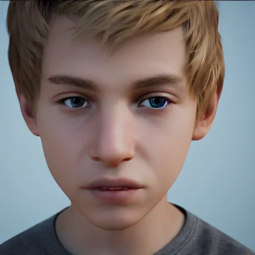 Image similar to detailed face of boy with blonde hair and brown eyes, unreal engine 5 rendered, incredibly highly detailed and realistic, 8 k, sharp focus, studio quality