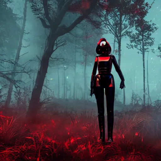 Prompt: A girl in a noir outfit stands next to a power armor from the company core-cola, red coloring, stands against the background of a radioactive forest, graphics, fallout 4 render, 3d computer render, maximum details, rain, night, spotlight,