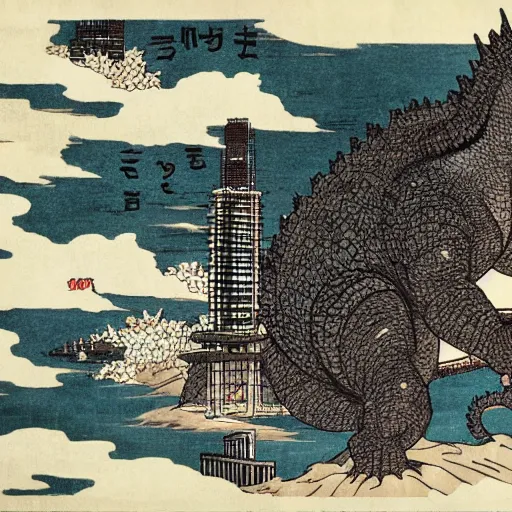 Image similar to Godzilla attacks Tokyo in the style of Hokusai