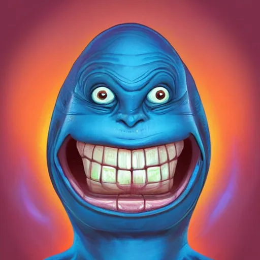 Image similar to portrait of a fat blue alien. big friendly smile. character concept art. science fiction illustration. close up of the face. key panel art graphic novel. detailed face, beautiful colour palette. digital painting.