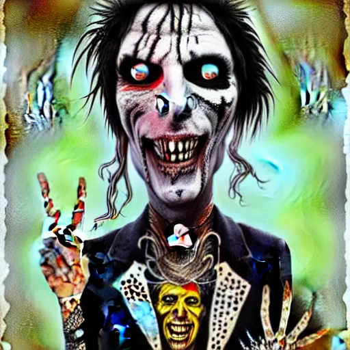 Prompt: graphic illustration, creative design, alice cooper as rob zombie, biopunk, francis bacon, highly detailed, hunter s thompson, concept art