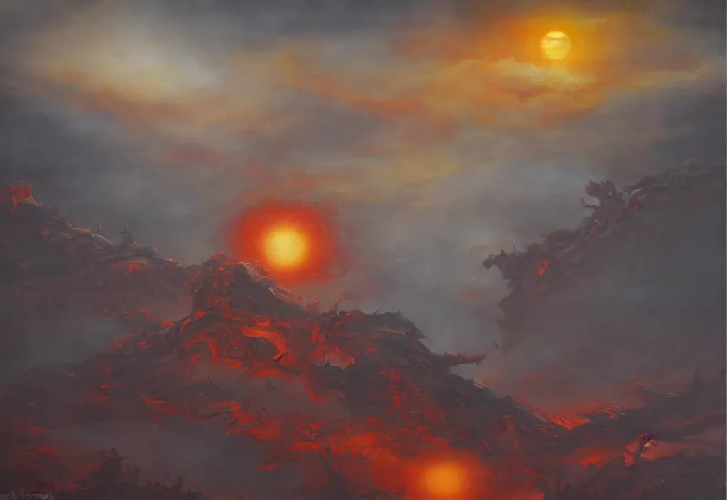 Prompt: shadow of the tyrant Sun above the ruins of the old kingdom red sun dead sky necromantic solar mythos, award winning oil painting, dead mythos palette