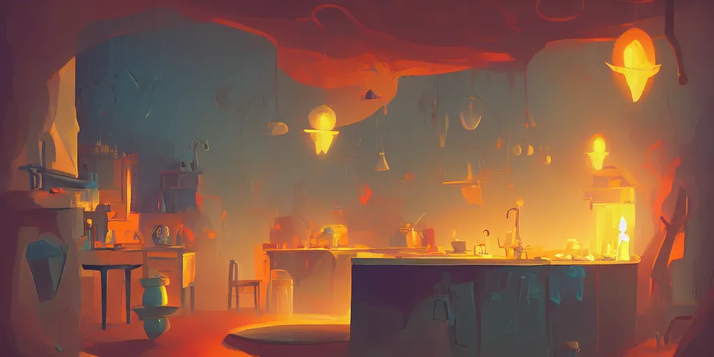 Prompt: weird!!!!! perspective epic illustration of a kitchen dim lit by 1 candle in a scenic environment by Anton Fadeev