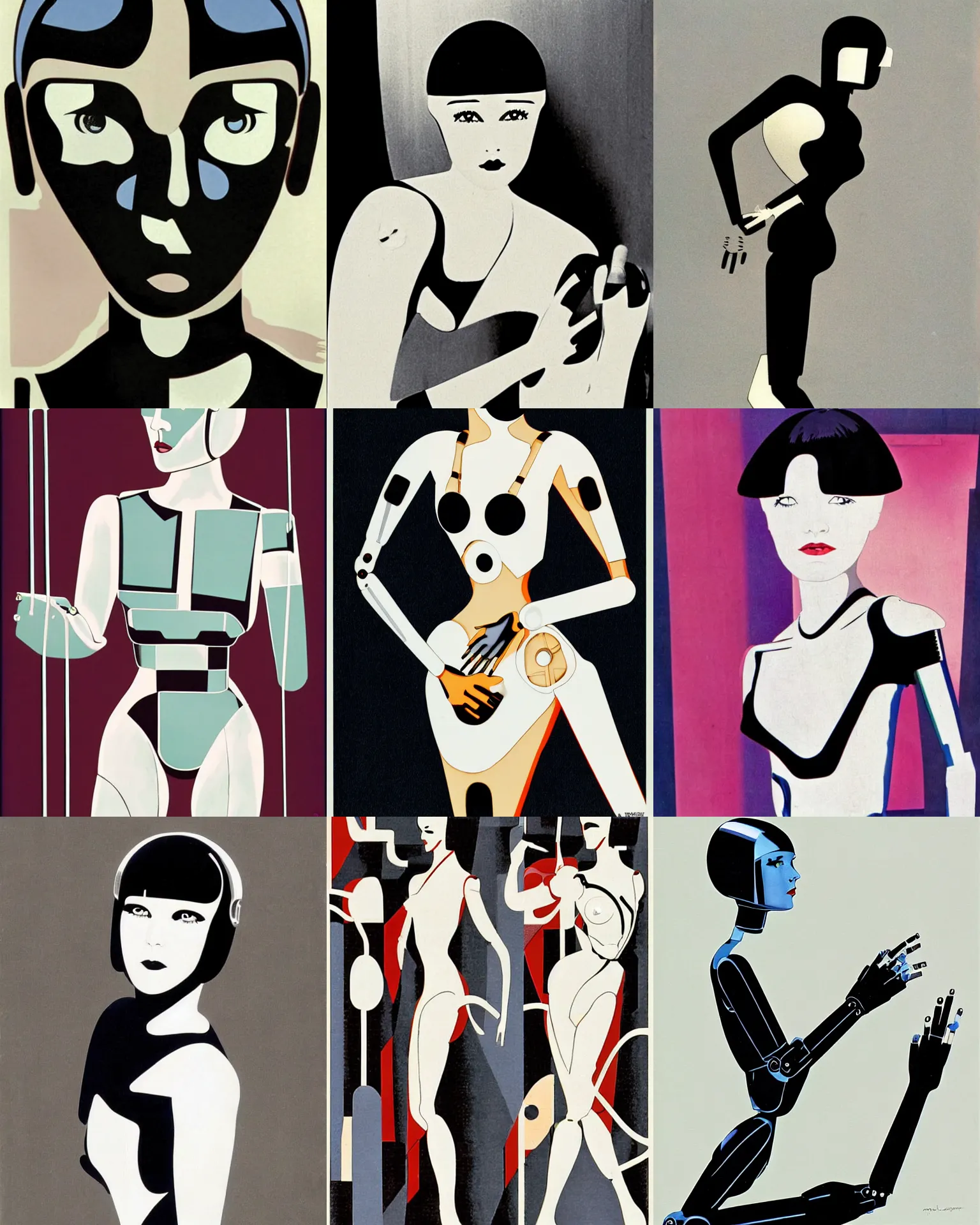 Prompt: mary louise brooks turning into a robot, made from metal, half robot, chrome outfit, airbrush, robot arms, by patrick nagel, art deco style