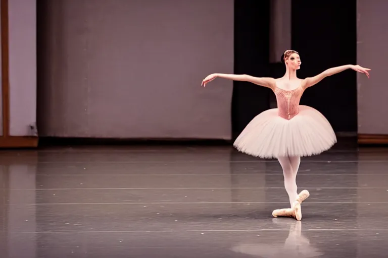 Image similar to a beautiful ballet dancer leaving the stage towards the exit. the exit is in bright light.