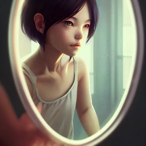 Image similar to very small little girl by ross tran, reaching into their reflection in the mirror by sana takeda, rtx reflections, very high intricate details, digital anime art by artgerm, medium shot, mid - shot, composition by ilya kuvshinov, lighting by greg rutkowski