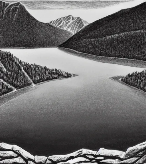 Image similar to a drawing of lago di sorapis, in the style of den yakovlev, black and white, hyper realistic, highly detailed