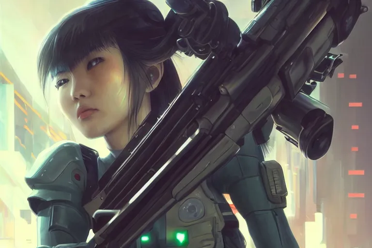 Image similar to young female japanese sniper holding a railgun sniper rifle, neon, cyberpunk, futuristic, full cybernetic combat suit, short bob haircut, stunning, highly detailed, digital painting, smooth, soft focus, illustration, ghost in the shell, 4 k digital art from artstation by artgerm and greg rutkowski and alphonse mucha