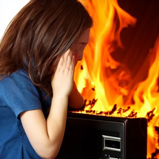 Prompt: a television set is burning. a girl is sad.