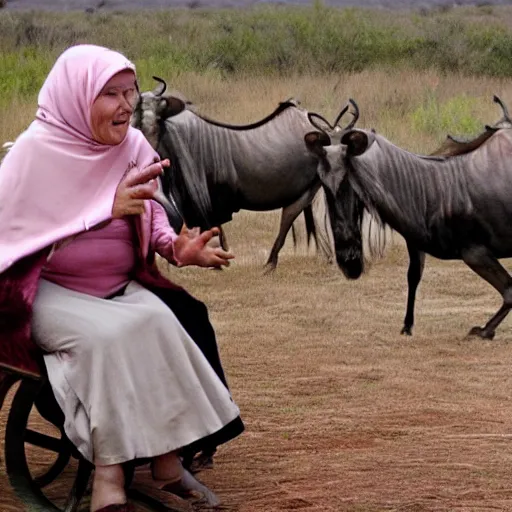 Image similar to a babushka playing drums while sitting on a wildebeest