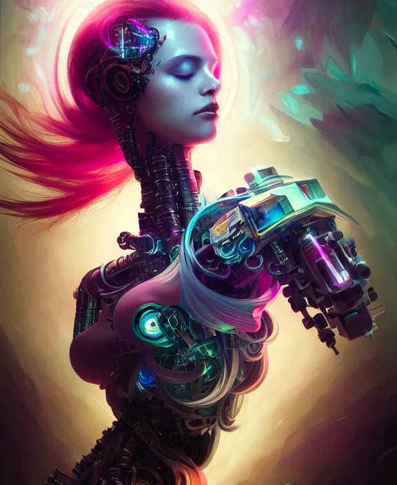 Image similar to whirlwind souls rushing inside metaverse, half body, tiara, robotic, android, cyborg, cyberpunk face, by loish, d & d, fantasy, intricate, elegant, highly detailed, colorful, vivid color, digital painting, artstation, concept art, art by artgerm and greg rutkowski and alphonse mucha and ruan jia