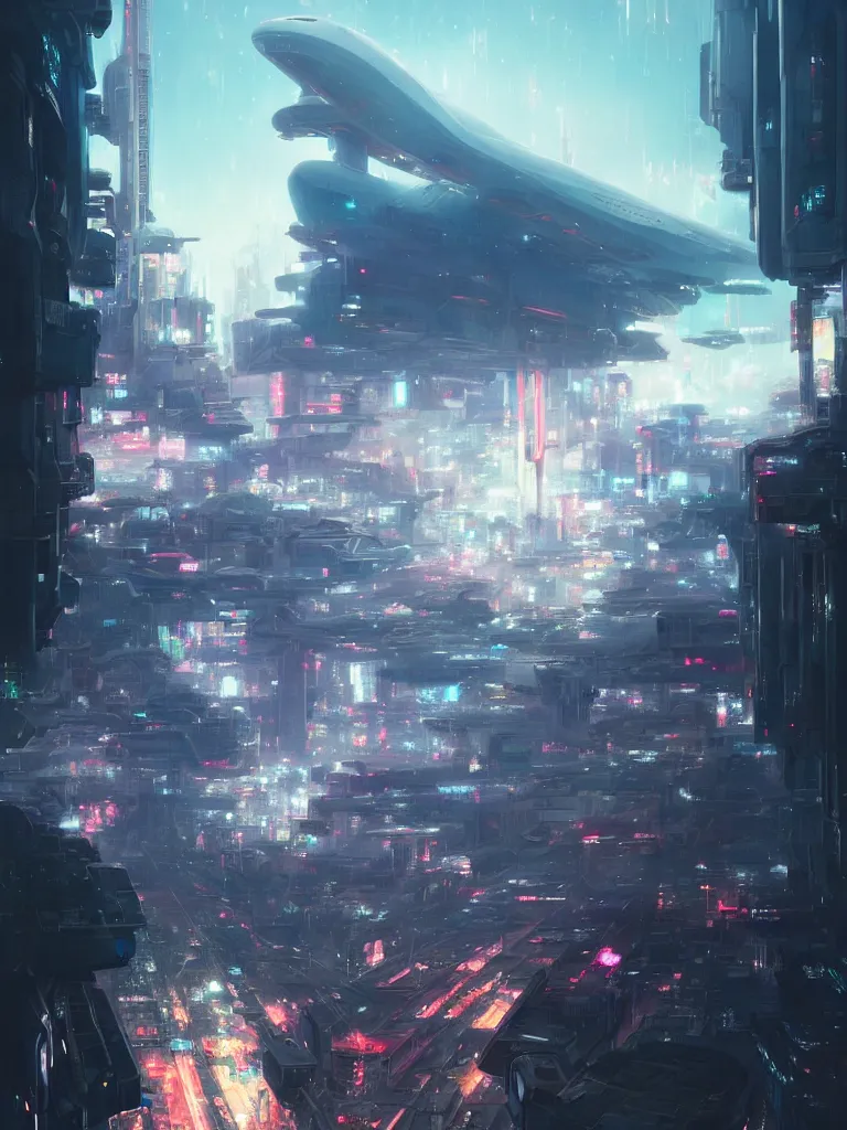 Image similar to Beautiful Epic scene of a beautiful gigantic futuristic military spacecraft carrier above a futuristic Tokyo style military city, by Greg Rutkowski and Krenz Cushart and Pan_Ren_Wei and Hongkun_st and Bo Chen and Enze Fu and WLOP and Alex Chow, Madhouse Inc., anime style, crepuscular rays, set in rainy futuristic cyberpunk Tokyo street, dapped light, dark fantasy, cgsociety, trending on artstation