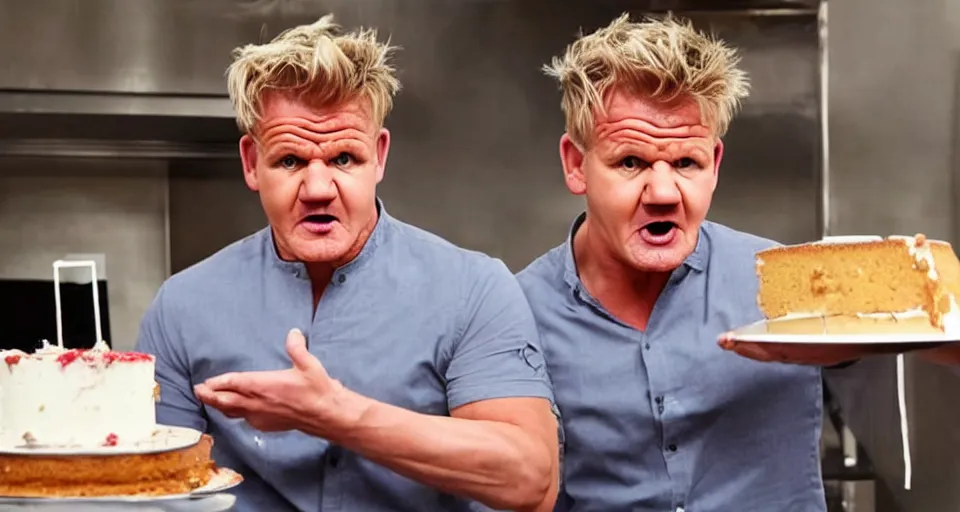 Image similar to photo of angry furious Gordon Ramsay smashing a cake in Gordon Ramsay's face at the kitchen