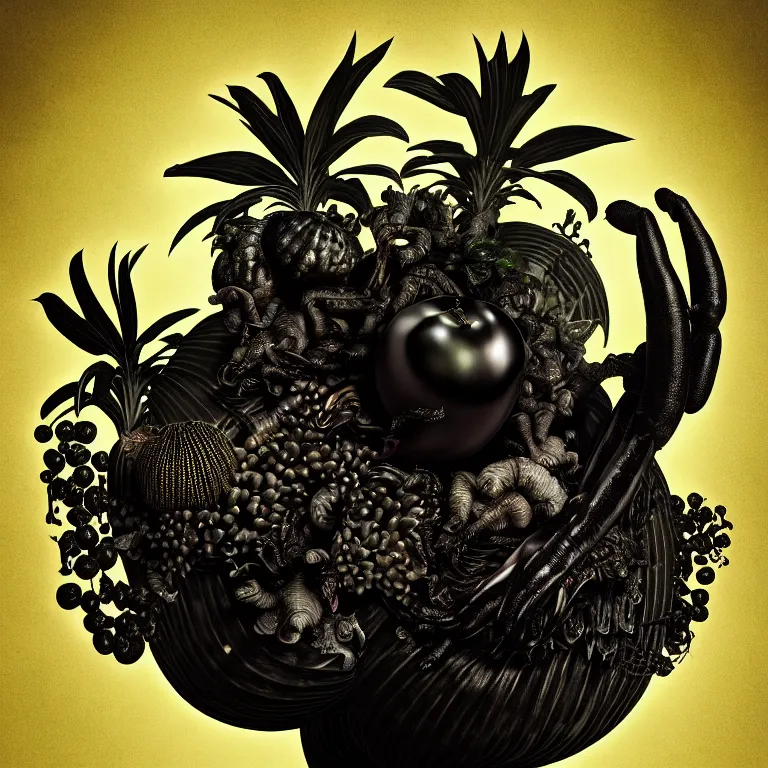 Prompt: still life of surreal alien black tropical flowers, rotten moldy black mold, surreal alien ribbed black tropical fruit, black human spine, black background baroque painting, beautiful detailed intricate insanely detailed octane render, 8K artistic photography, photorealistic, chiaroscuro, Raphael, Caravaggio