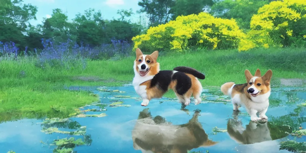 Prompt: A corgi by a pond, there is blue sky, there is water splash, the atmosphere is cheerful, the colors are bright, high picture quality, by Makoto Shinkai