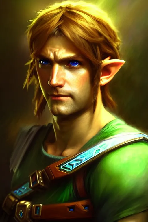 Image similar to hyperrealist portrait of link from the legend of zelda. by jeremy mann and alphonse mucha, fantasy art, photo realistic, dynamic lighting, artstation, poster, volumetric lighting, very detailed faces, 4 k, award winning