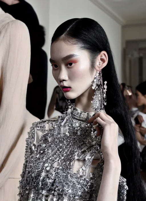 Prompt: A beautiful portrait of Ming Xi as a model at Valentino fashion show Milan Spring/Summer 2018, highly detailed, in the style of cinematic, Getty images, fashion week backstage, makeup by Pat Mcgrath, shot by Greg rutkowski