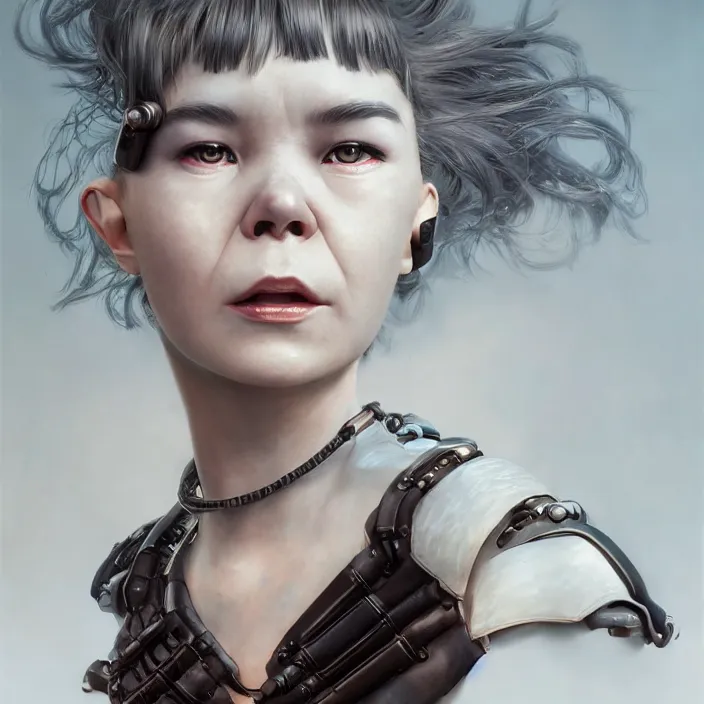 Image similar to hyper - realistic bjork leather cyborg - by tom bagshaw, by ilya kuvshinov, rtx rendering, octane render 1 2 8 k, maya, extreme high intricate details by wlop, digital anime art by ross tran, medium shot, close up shot, composition by sana takeda, dramatic lighting by greg rutkowski, 8 k, trending on artstation